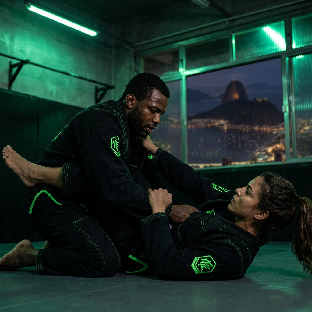 Black man and brown woman practicing Brazilian jiu-jitsu in Rio