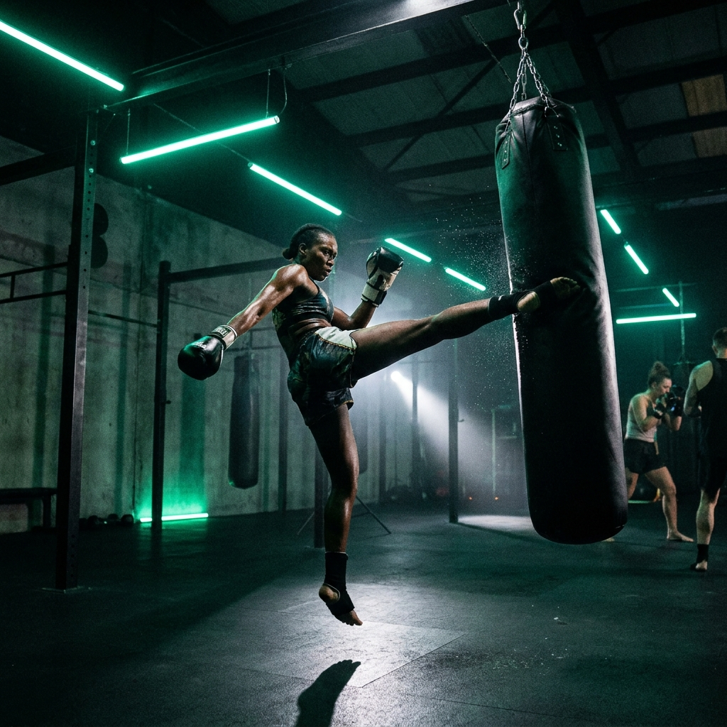 Dark-complexion woman training kickboxing on a heavy bag