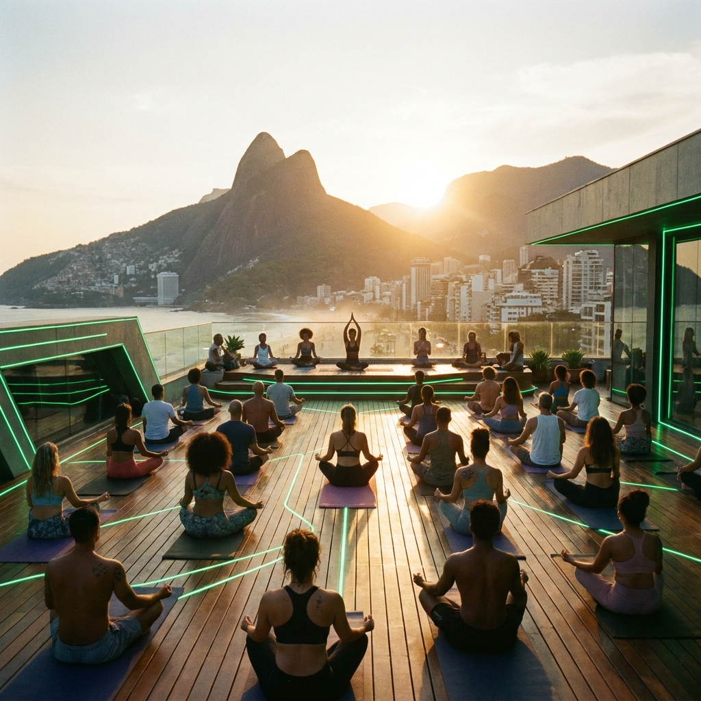 Large diverse yoga group practicing on a rooftop overlooking Rio