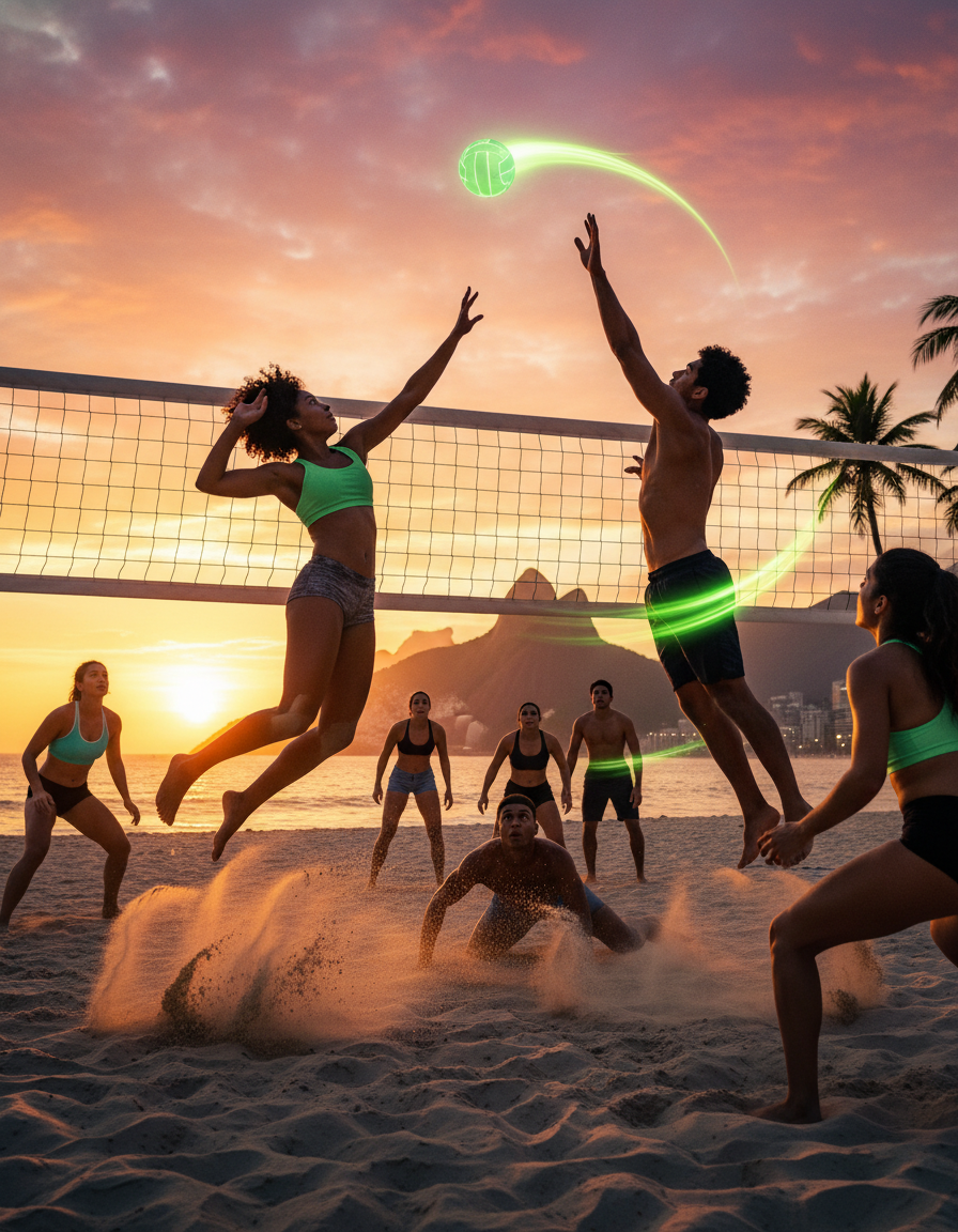 Diverse basketball players competing on an outdoor Rio court