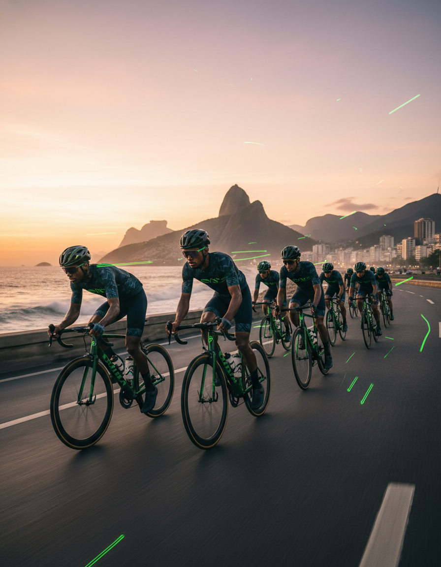 Diverse cyclists riding through Rio at sunrise
