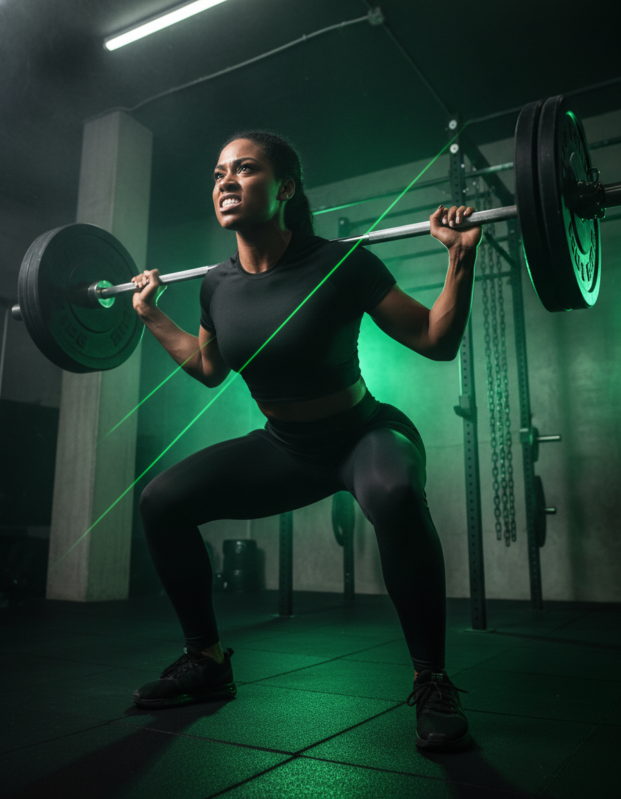Dark-complexion woman powerlifter performing a heavy squat