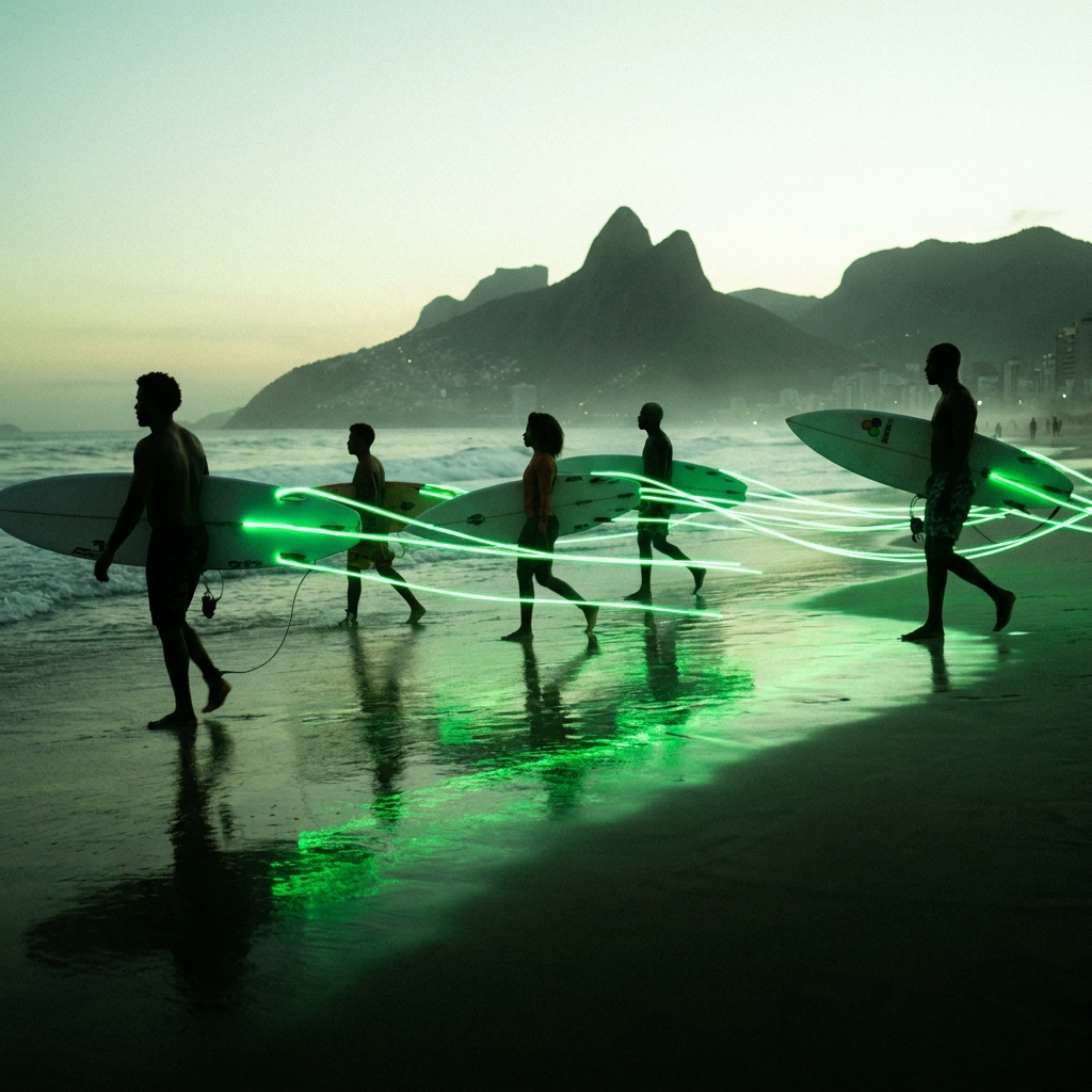 Diverse surfers walking along a Rio beach at dusk