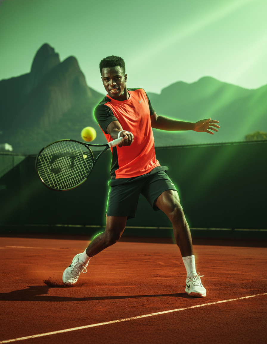 Black tennis player serving on a Rio clay court